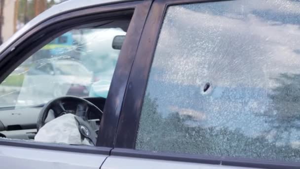 Водійська Подушка Безпеки Розгорнута Кермі Автомобіля Після Зіткнення Розгорнуті Повітряні — стокове відео