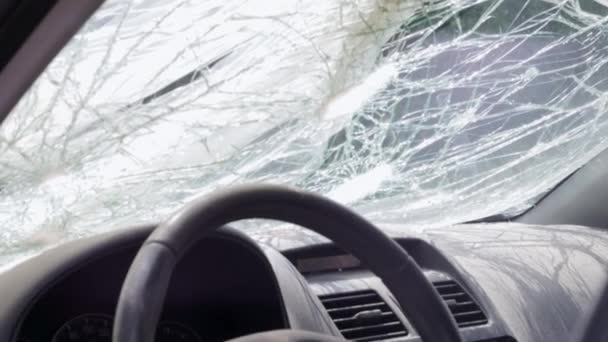 Cracked Car Windshield Accident Close Wrecked Vehicle Collision Pedestrian Car — Video
