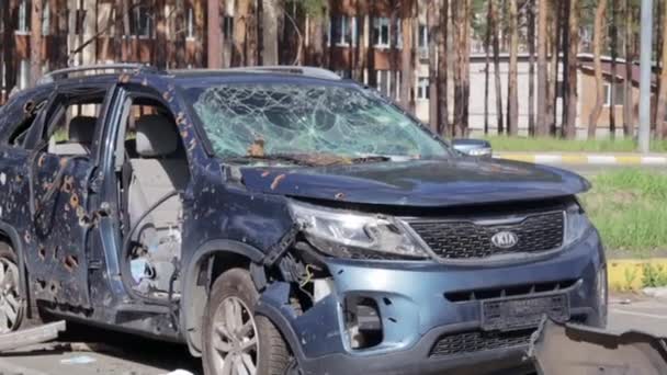 Car Riddled Bullets War Ukraine Shot Car Civilians While Trying — Wideo stockowe