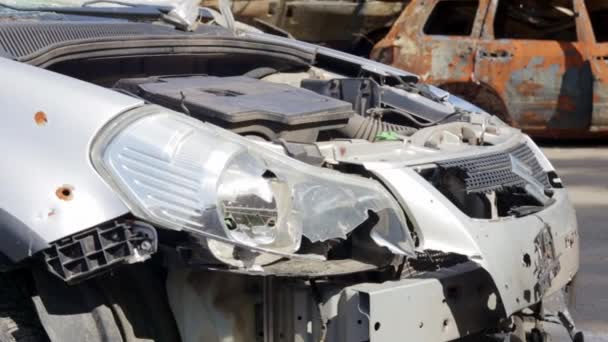 Αυτοκίνητο Γεμάτο Σφαίρες Πόλεμος Στην Ουκρανία Πυροβολήθηκε Αυτοκίνητο Των Πολιτών — Αρχείο Βίντεο