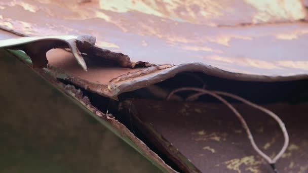 在乌克兰战争中 步兵战车装甲上的一个洞被刺穿了 绿色伪装装甲金属的结构 带有损伤和孔 被毁的军用装甲运兵车 — 图库视频影像