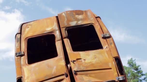 Burnt Car Body Riddled Bullets War Russia Ukraine Bullet Holes — Stockvideo