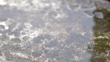 Falling water drop. Use of water resources. Splashes of water. Drops falling from the tap on the street in slow motion. Daylight, close-up. Selective focus