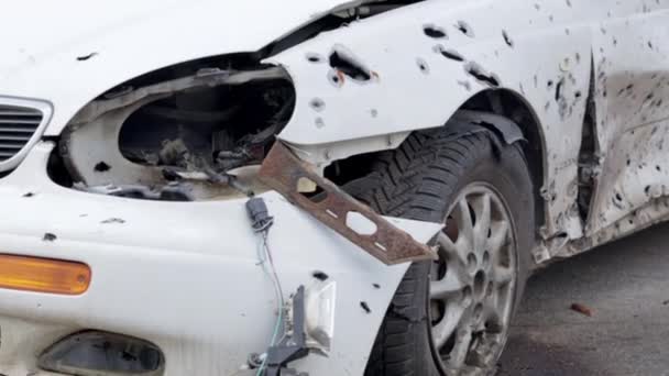 Car Riddled Bullets War Ukraine Shot Car Civilians While Trying — Vídeo de Stock