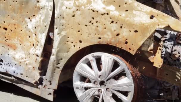 Burnt Car Body Riddled Bullets War Russia Ukraine Bullet Holes — Stock videók