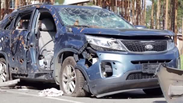 Car Riddled Bullets War Ukraine Shot Car Civilians While Trying — Wideo stockowe