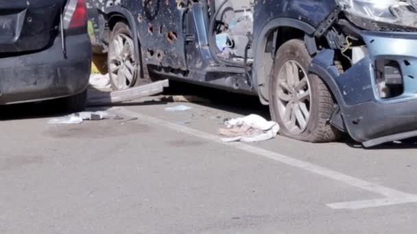 Car Riddled Bullets War Ukraine Shot Car Civilians While Trying — Stockvideo