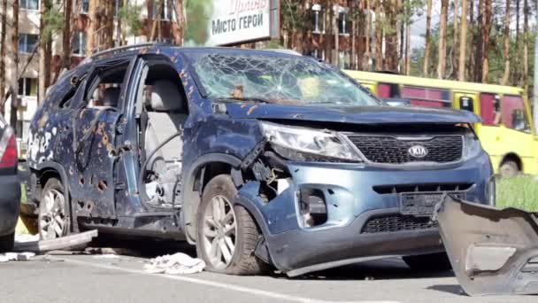 Car Riddled Bullets War Ukraine Shot Car Civilians While Trying — Vídeo de stock