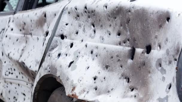 Car Riddled Bullets War Russia Ukraine Shot Car Civilians While — Stockvideo