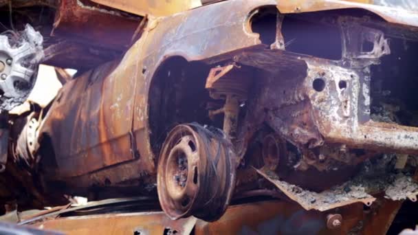 Broken Burned Cars Parking Lot Accident Deliberate Vandalism Burnt Out — Stockvideo