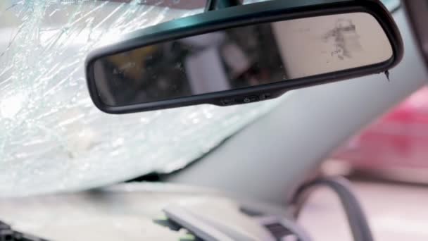 Car Interior Accident Cracked Broken Interior Rear View Mirror Wreckage — Vídeo de Stock