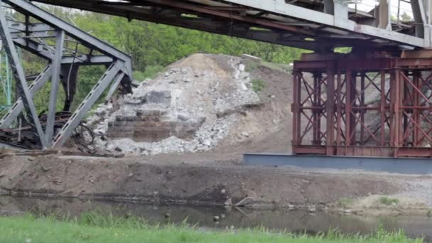 Blown Railway Bridge Irpen River War Ukraine Panorama City Irpin — Wideo stockowe