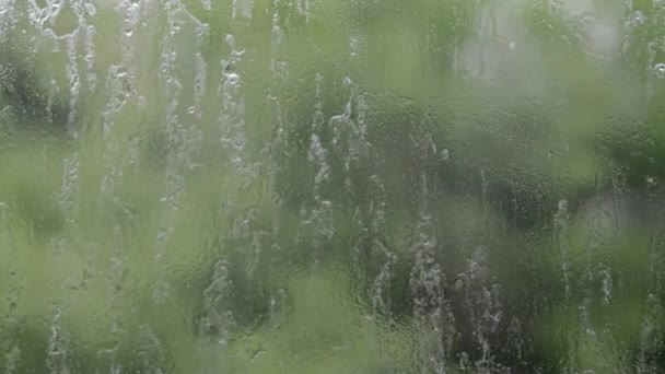 Rankkasade Sadepisaroita Ikkunalasiin Kesäpäivänä Valikoiva Tarkennus Matala Syvyys Kentän Vesipisarat — kuvapankkivideo