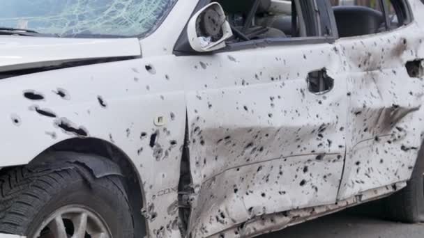 Car Riddled Bullets War Ukraine Shot Car Civilians While Trying — Stock video
