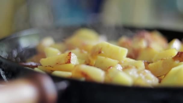 Roasting Fresh Potatoes Cast Iron Skillet Sunflower Oil View Stove — Vídeo de stock