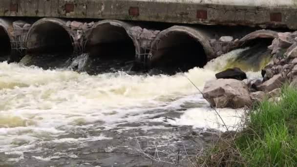 Betonové Potrubí Které Přivádí Smradlavou Znečištěnou Kanalizaci Řeky Potrubím Znečištění — Stock video