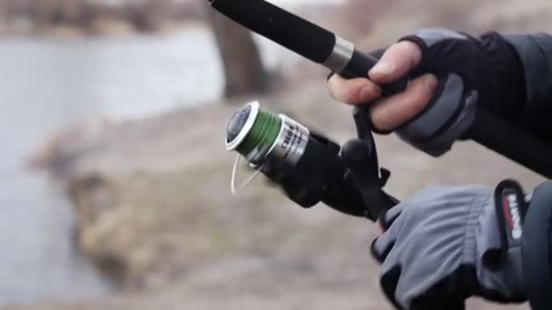 Pescador Pega Peixe Gira Carretel Mãos Pescador Com Uma Vara — Vídeo de Stock