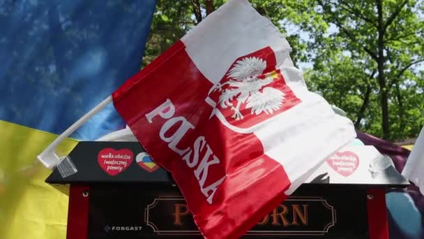 Bandeiras Polónia Ucrânia Demonstração Apoio Ucrânia Festival Comida Rua Ucrânia — Vídeo de Stock