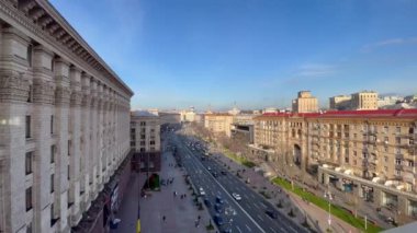 Top view of Khreshchatyk street and Independence Square in the city of Kyiv, the capital of Ukraine during the day. Pan. City life on Central Square. Ukraine, Kyiv - January 2, 2024