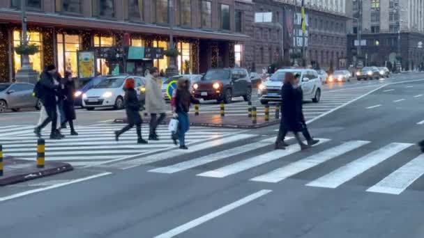 View Cars Crowd Pedestrians Crossing Street Crowd People Crosses Road — стокове відео