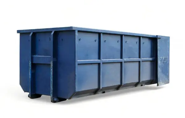 金属耐久性のある青い産業ゴミは白い背景で隔離された街路廃棄物のためにできます 世帯および産業廃棄物のための大きい鋼鉄バスケット 家の改装のための建設廃棄物容器 ストック写真