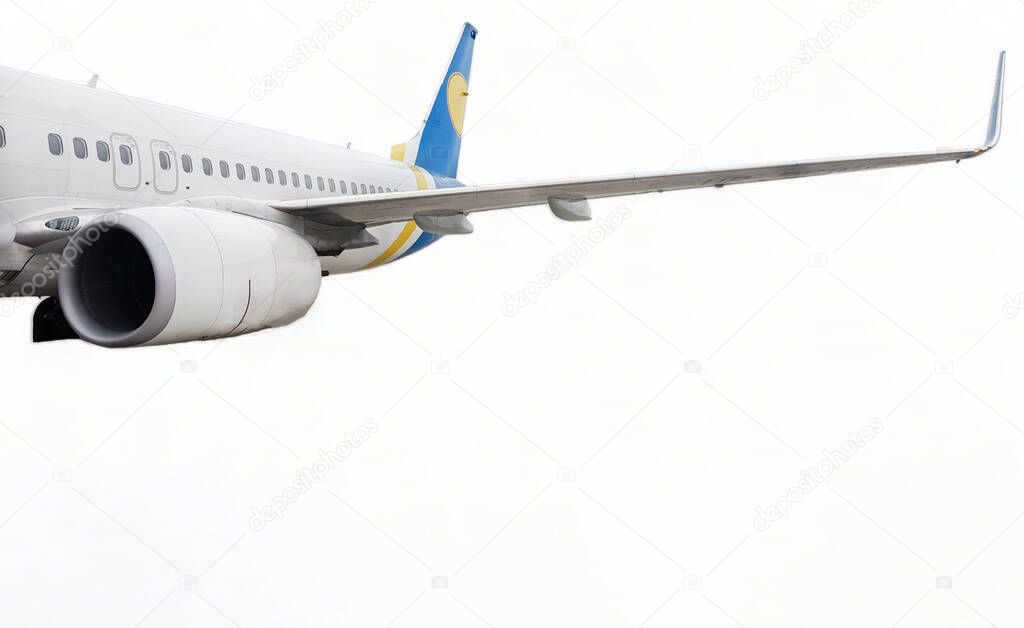 Passenger jet plane flying isolated on a white background. Air transport advertising and travel concept