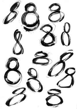 Siyah Sayılar 8 harfli. Siyah mürekkepli fırça darbeleri ve lekelerin gerçekçi çizimi, beyaz izole edilmiş arka planda suluboya boya. 