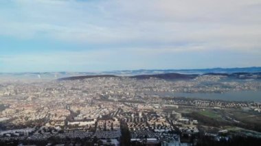 Drone view over Zurich city and lake Zurich from Uetliberg Zurich's local mountain.