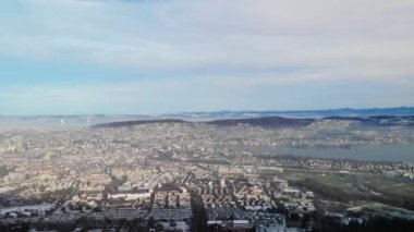 Drone view over Zurich city and lake Zurich from Uetliberg Zurich's local mountain.