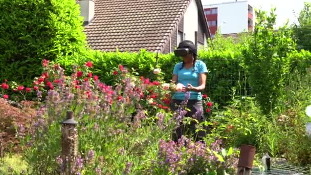 Жінка Захоплюється Трояндовим Садом Через Окуляри Віртуальної Реальності Влітку Отримує — стокове відео