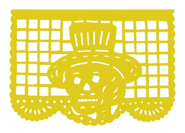 День Мертвих Жовтий Папель Пікадо Традиційною Мексиканською Головою Черепа Капелюсі — стоковий вектор