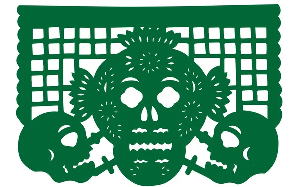 Hari Kematian Kertas Green Papel Picado Dengan Kepala Tengkorak Tradisional - Stok Vektor