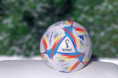 Lusail, Katar. 9 Kasım 2022. An Adidas Al Rihla Ligi Balosu 'nun arka tarafı. Beş numara. Yerde kar ve arka planda yeşil çalılar var. Kışın 2022 FIFA Dünya Kupası Katarı.