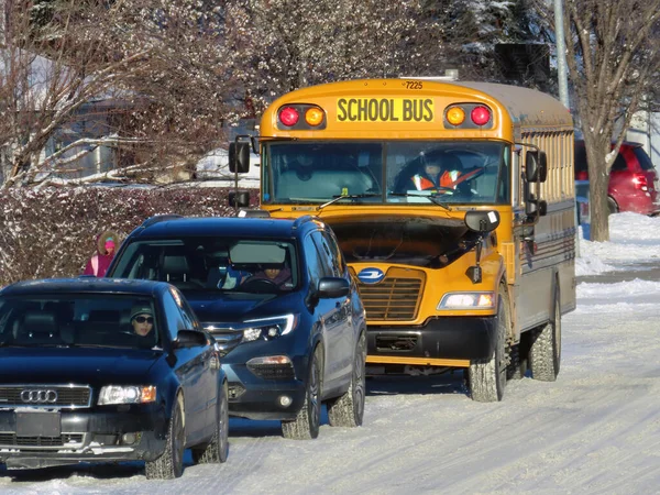 カルガリー アルバータ州 カナダ2022年11月9日 冬のラッシュ時に子供を拾うスクールバス — ストック写真