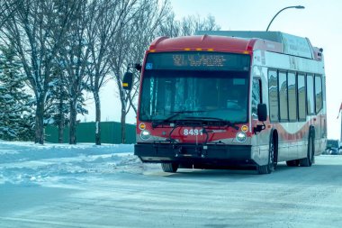 Calgary, Alberta, Canada. Feb 23, 2023. A Calgary Transit during a cold winter day.