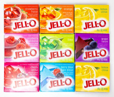 Calgary, Alberta, Canada. Mar 3, 2023. Different Jell-O flavours. An American brand offering a variety of powdered gelatine dessert fruit flavoured.