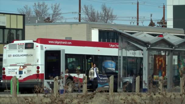 Calgary Alberta Abr 2023 Pessoas Saindo Ônibus Câmera Lenta — Vídeo de Stock