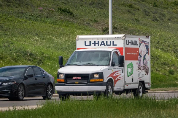 stock image Calgary, Alberta, Canada. Jun 6, 2023. An U-Haul moving small rent truck on the route.