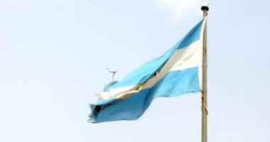 Arjantin bayrağı sallayan ağır çekimde. Arjantin pezosu ABD dolarına karşı düştü ve yıllık enflasyon dünyanın en yüksek oranlarından biri..
