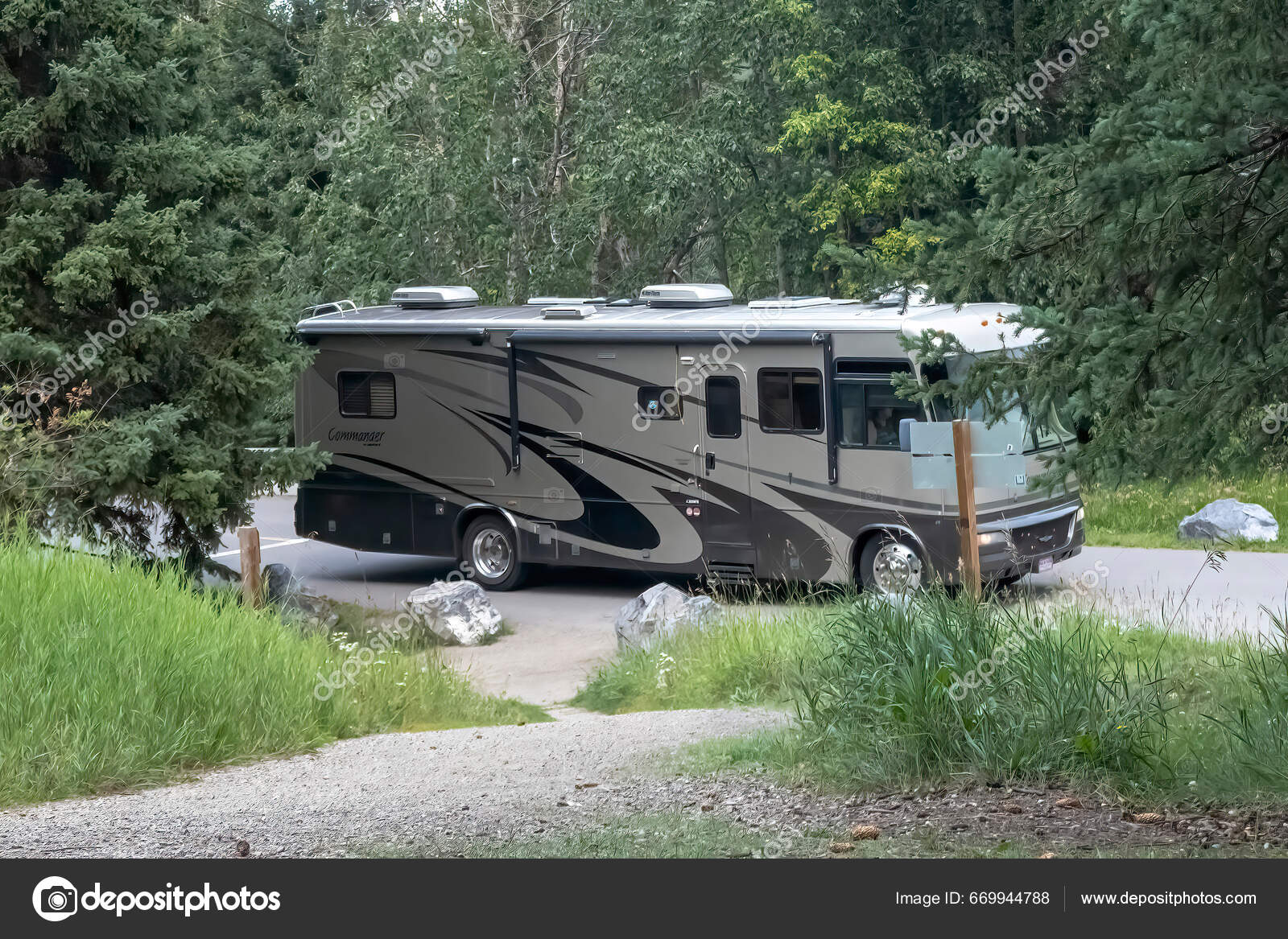 Alberta Canada Aug 2023 Camper Motorhome Trailer Camping Site Stock