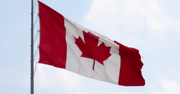 Μια Καναδική Σημαία Που Κυματίζει Μια Συννεφιασμένη Και Θυελλώδη Μέρα — Αρχείο Βίντεο