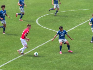 Calgary, Alberta, Kanada. 16 Temmuz 2023. Süvari Futbol Kulübü 'nden futbolcular Halifax Wanderers FC' ye karşı. Uyumlu. Kanada profesyonel futbol ligi veya Kanada Premier Ligi