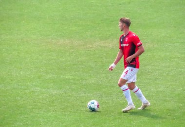 Calgary, Alberta, Kanada. 16 Temmuz 2023. Süvari Futbol Kulübü 'nden bir oyuncu Halifax Wanderers FC' ye karşı. Uyumlu. Kanada profesyonel futbol ligi veya Kanada Premier Ligi