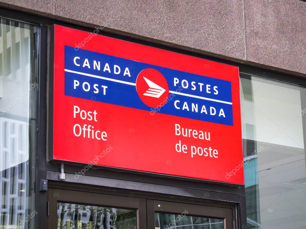 Calgary, Alberta, Canada. Sep 3, 2023. A Canada Post postal office sign. Postal operator in Canada