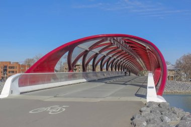 Calgary, Alberta, Kanada. 10 Haziran 2023. Bow Nehri boyunca yürüyen ve bisiklet süren insanları barındıran Barış Köprüsü 'nün içerisine..