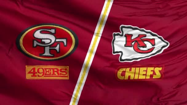 Las Vegas Usa Feb 2024 Waving Flag Chiefs 49Ers Logo — Stock Video