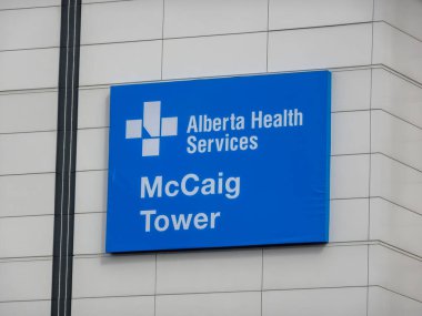Calgary, Alberta, Canada. May 10, 2024. A sign of the McCaig Tower the largest Central Surgical Processing unit. clipart