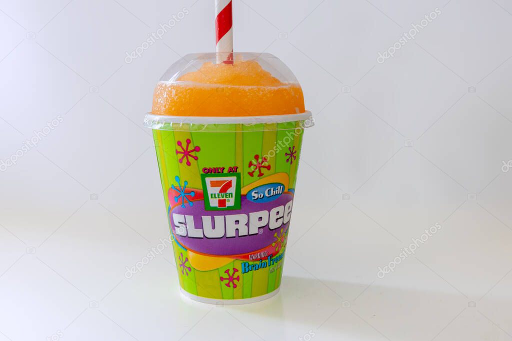 Calgary, Alberta, Canada. Jul 26, 2024. A Small Slurpee cup, a brand name for carbonated slushies sold by 7-Eleven.