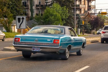 Calgary, Alberta, Kanada. 13 Ağustos 2024. Bir turkuaz 1969 Ford LTD bir banliyö caddesinde geziniyor. Arabanın üzerinde siyah bir vinil kaplama ve klasik krom aksanlar var..