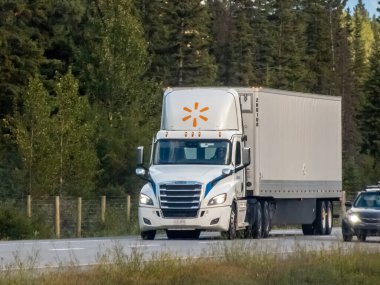 Louise Gölü, AB, Kanada. 27 Ağustos 2024. Beyaz bir taksisi ve otoyolda giden bir Walmart logosu olan yarı karavan kamyonu. Kamyon ağaçlarla çevrili ve başka bir araçla geçiyor..